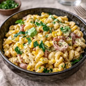 A vibrant bowl of Mexican Street Corn Pasta Salad on a wooden table.